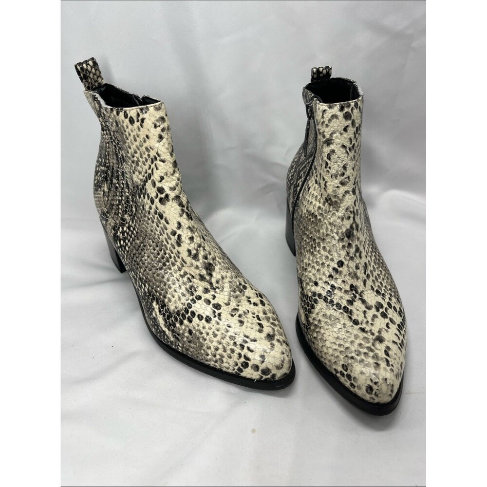 Blondo Elvina Ivory and Black Snake Print Waterproof Ankle Boots